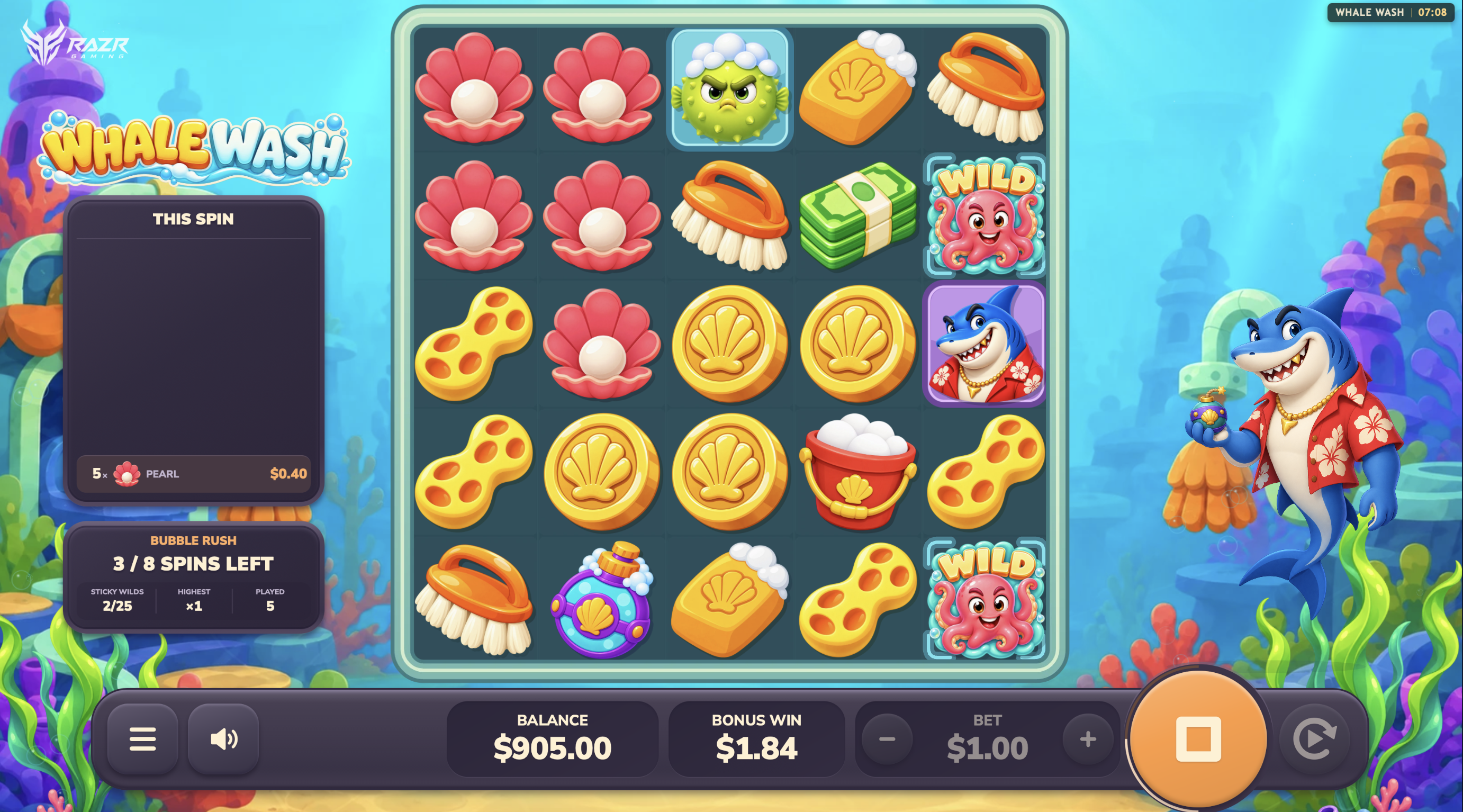 Whale Wash gameplay: underwater reels, octopus wilds and the shark character during Bubble Rush